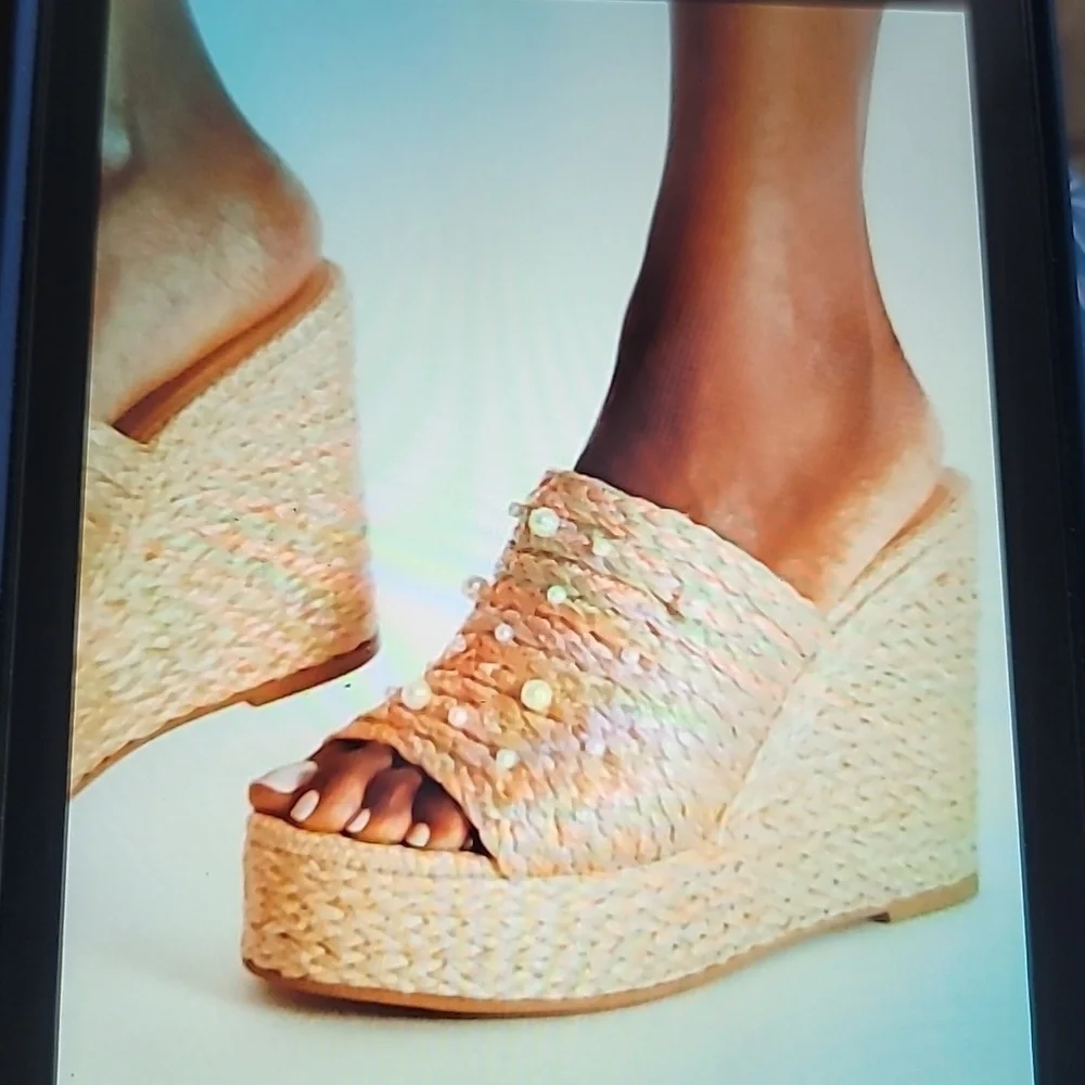 Sandals Wedge Platforms Straw Fiber  Pearl Embellished Anaya SZ 12